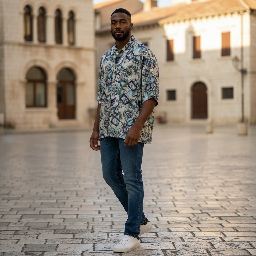 VTG 100% Silk Button Down Shirt Mens M Abstract Teal Gold Retro MiamiVice vibes